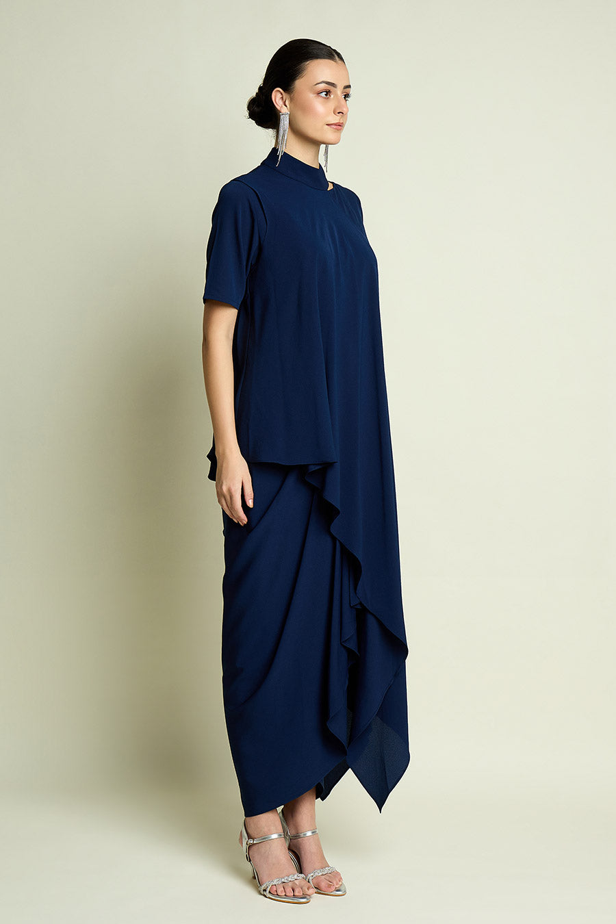 Navy Layered Cape Drape Dress
