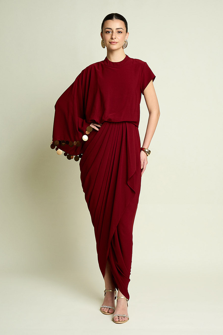 Wine Metallic Coin Embellished Drape Dress