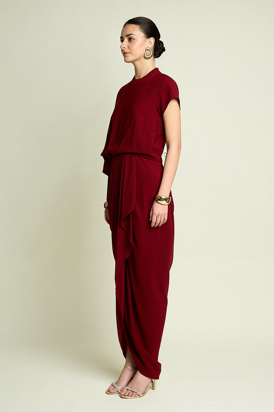 Wine Metallic Coin Embellished Drape Dress