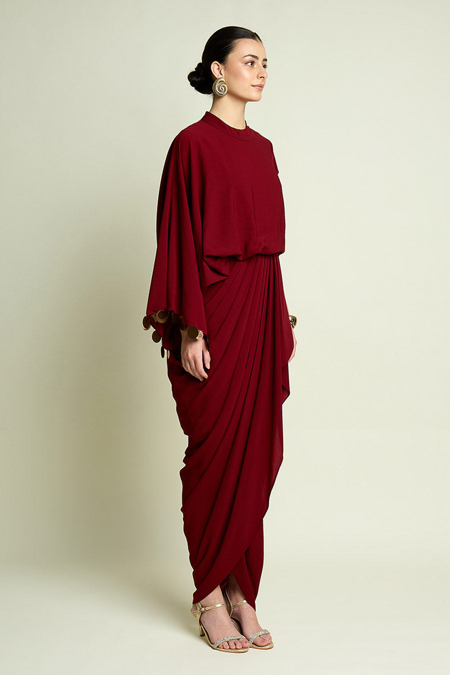 Wine Metallic Coin Embellished Drape Dress