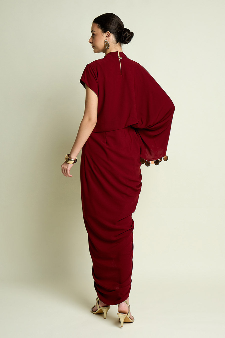 Wine Metallic Coin Embellished Drape Dress