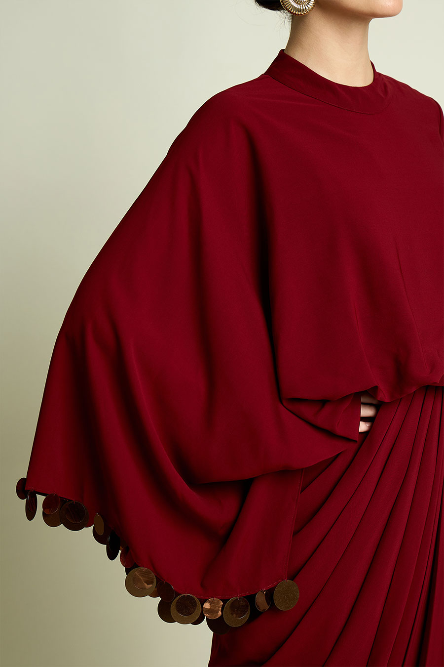 Wine Metallic Coin Embellished Drape Dress