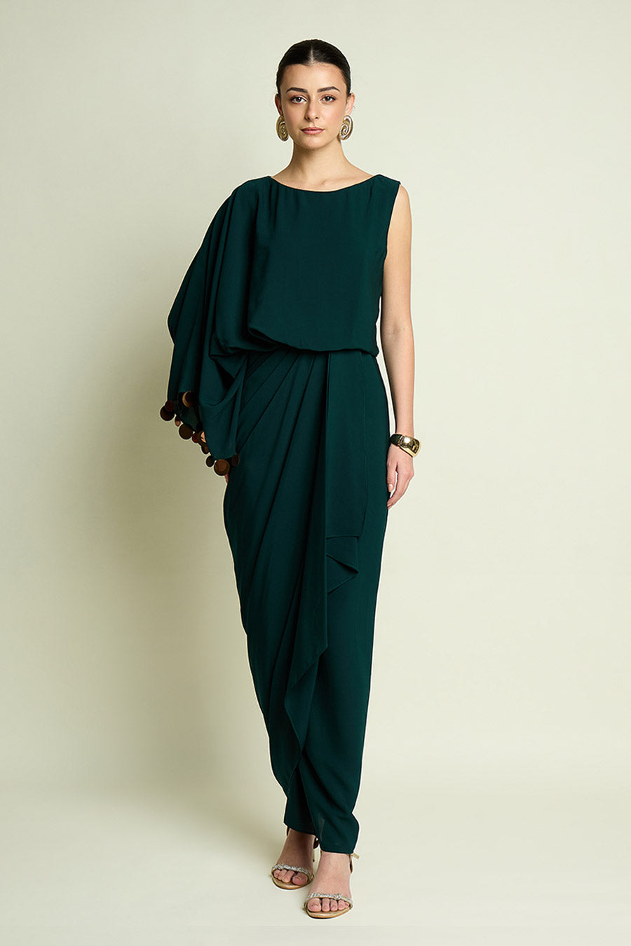 Emerald Metallic Coin Embellished Drape Dress