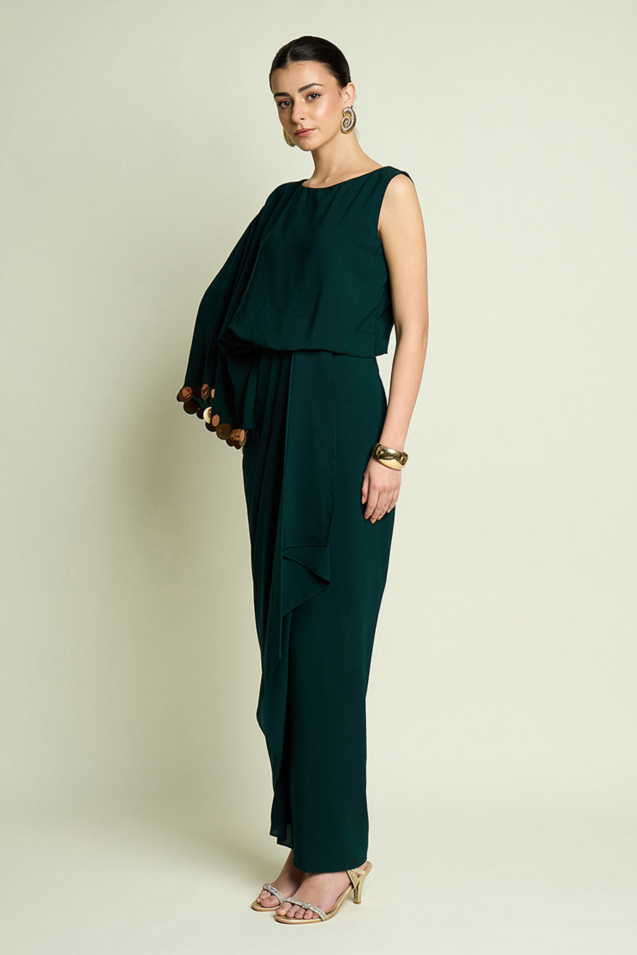 Emerald Metallic Coin Embellished Drape Dress