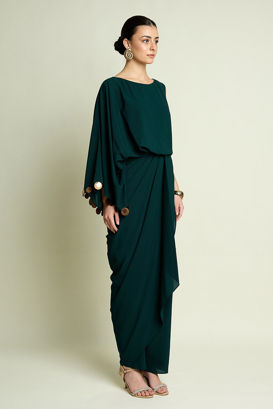Emerald Metallic Coin Embellished Drape Dress