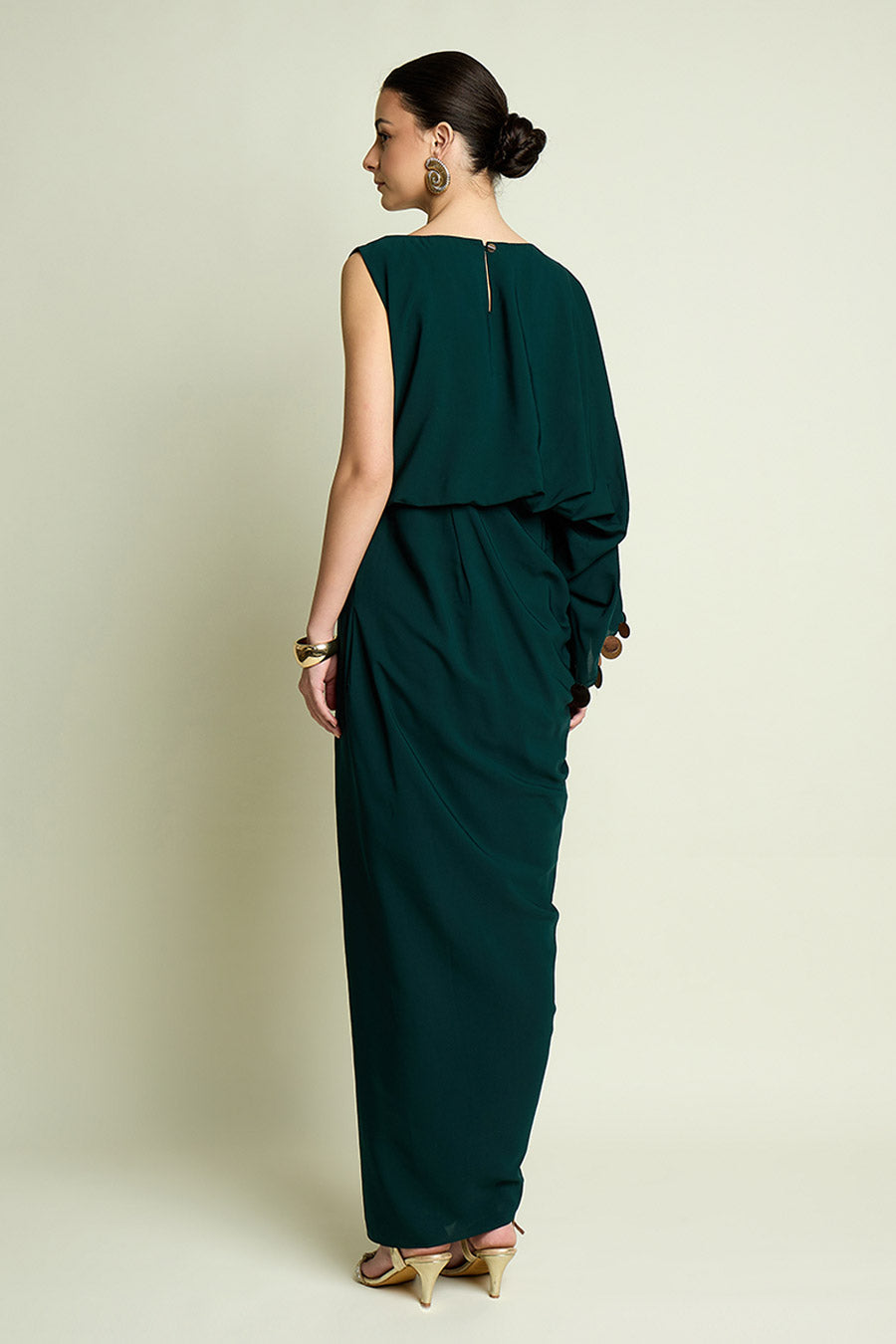 Emerald Metallic Coin Embellished Drape Dress