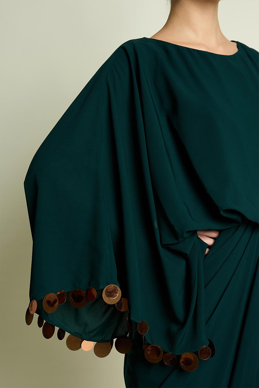 Emerald Metallic Coin Embellished Drape Dress