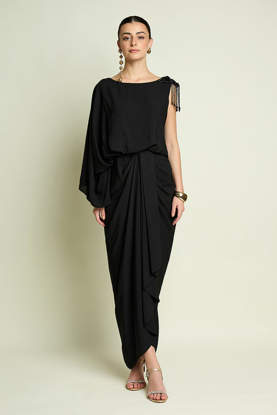 Black Crystal Embellished Drape Dress