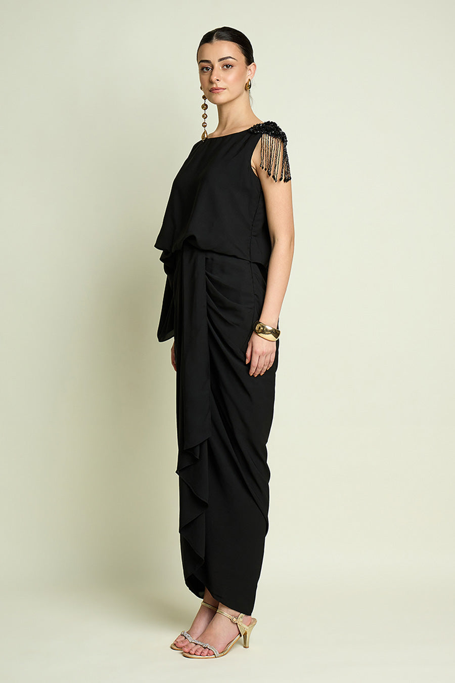 Black Crystal Embellished Drape Dress