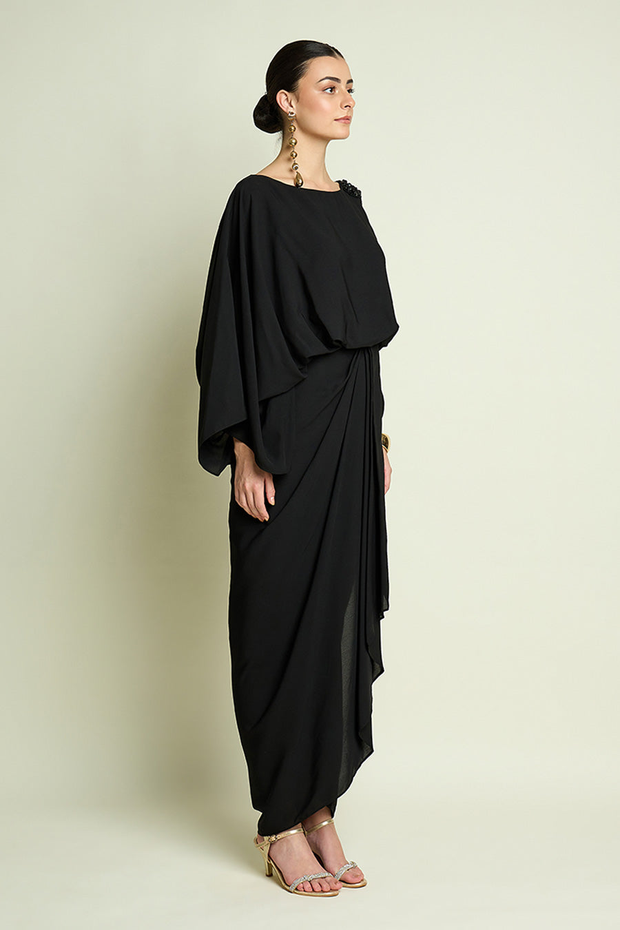 Black Crystal Embellished Drape Dress