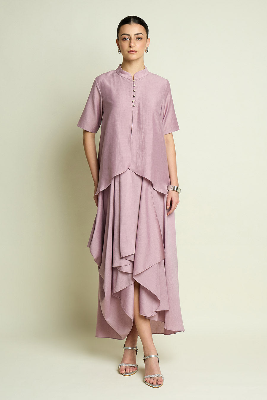 Lilac Cotton Silk Layered Drape Dress