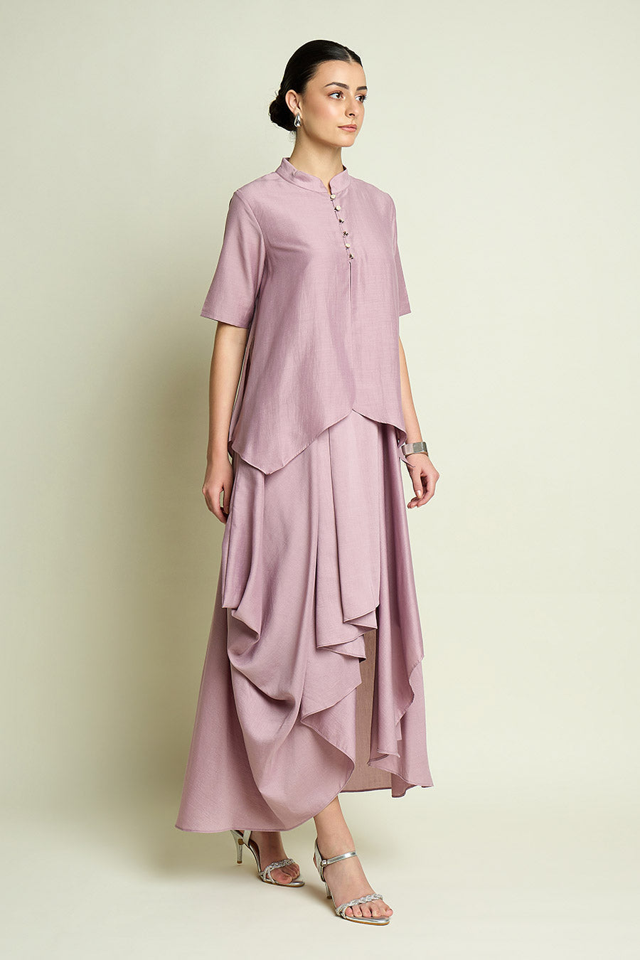 Lilac Cotton Silk Layered Drape Dress