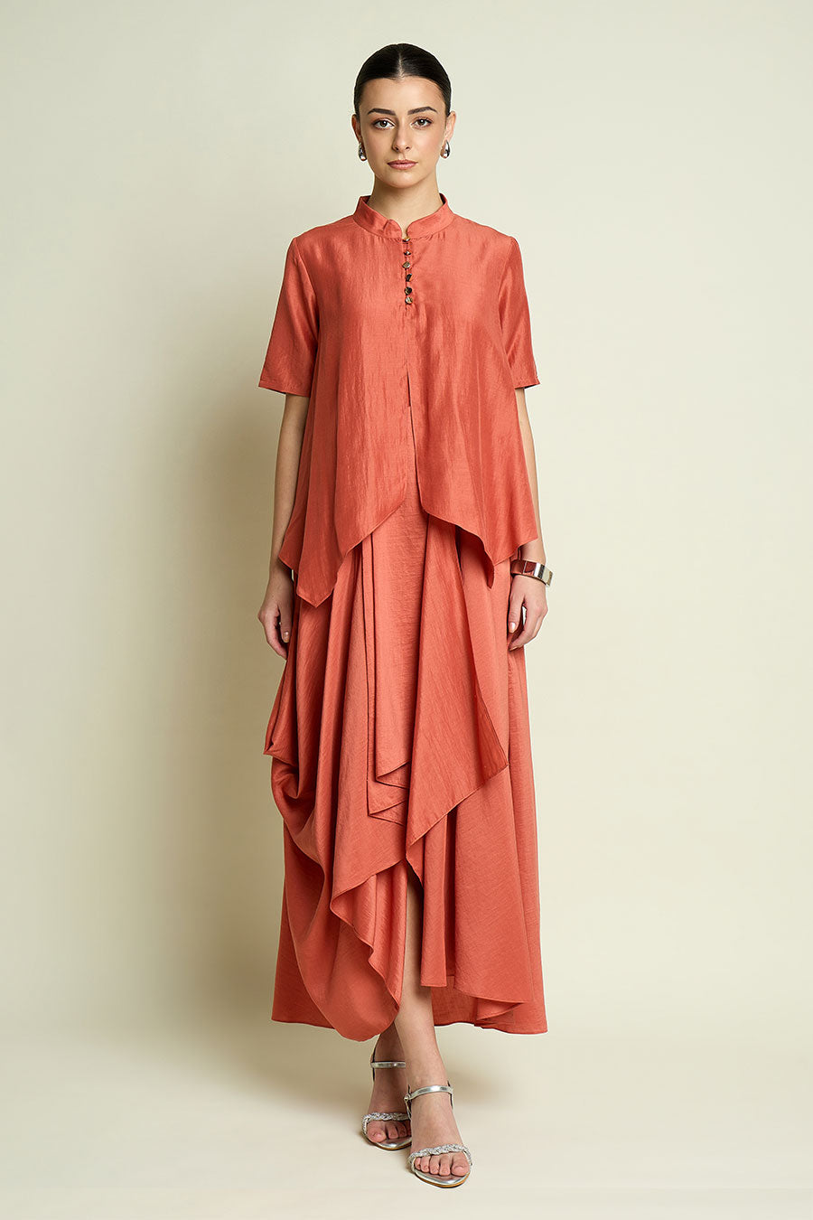 Orange Cotton Silk Layered Drape Dress
