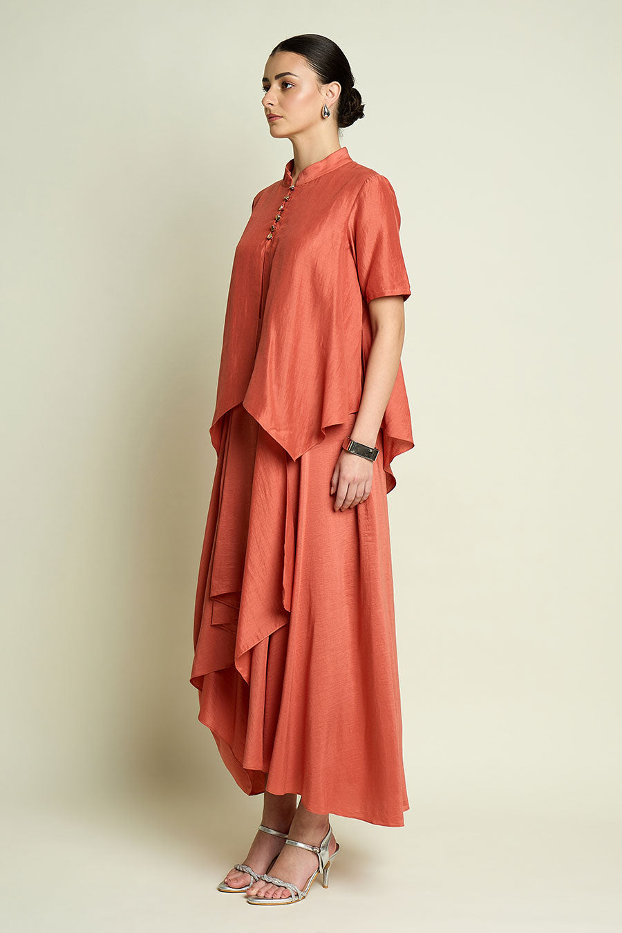 Orange Cotton Silk Layered Drape Dress