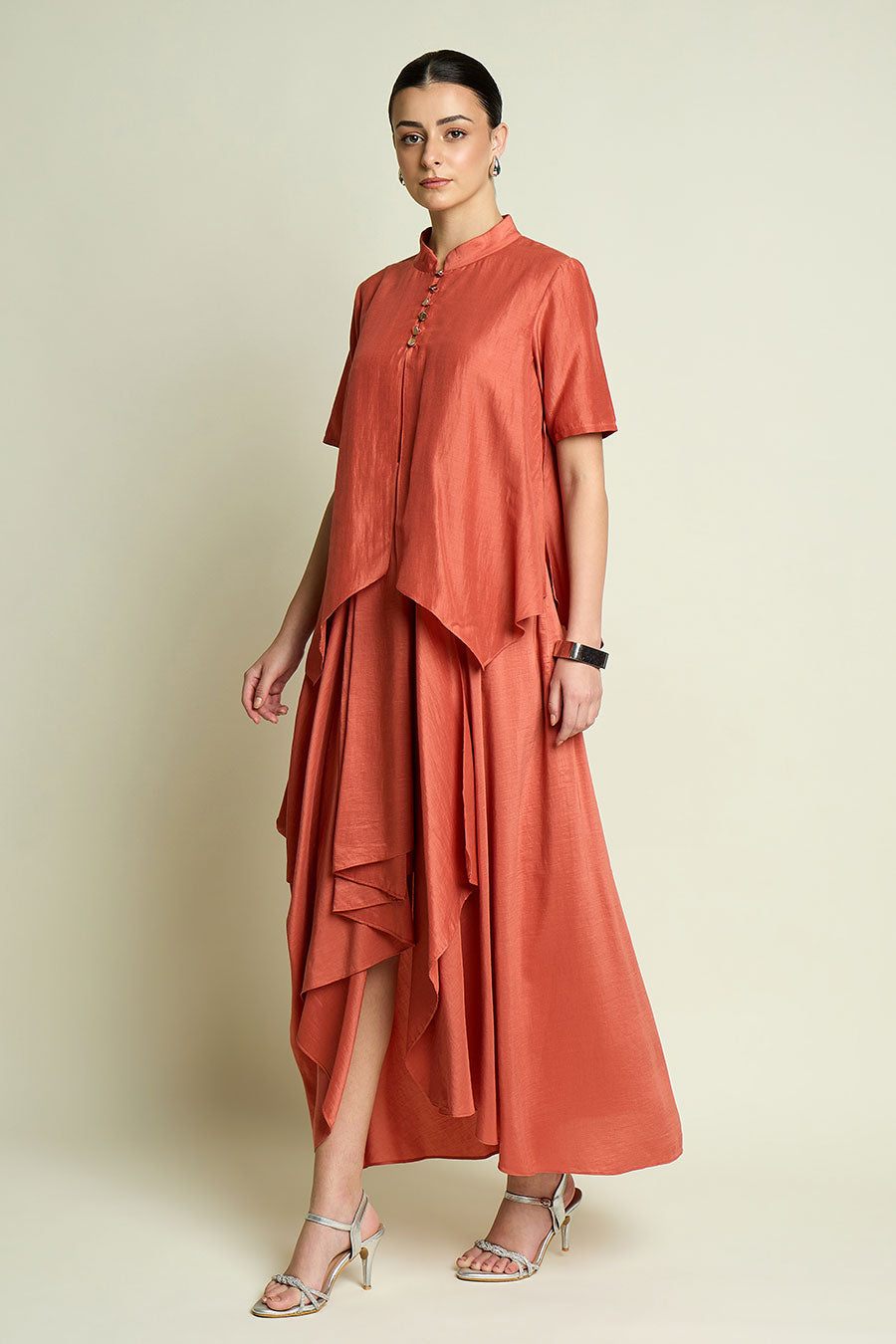 Orange Cotton Silk Layered Drape Dress