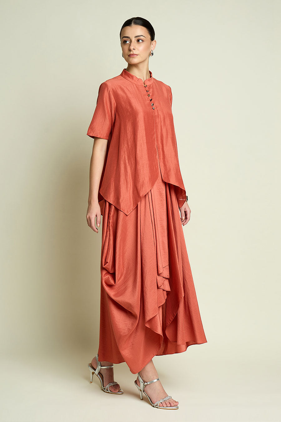Orange Cotton Silk Layered Drape Dress