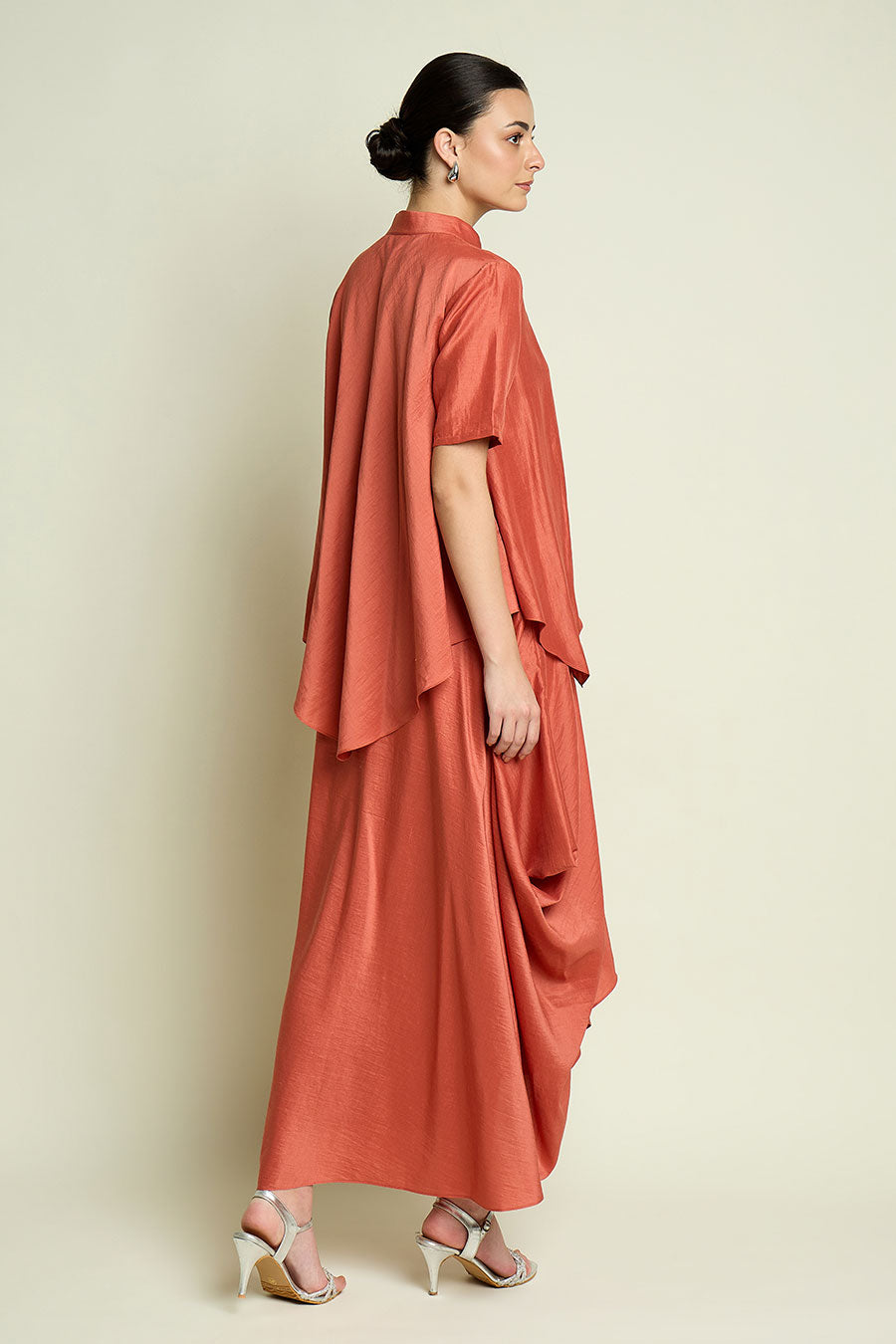 Orange Cotton Silk Layered Drape Dress