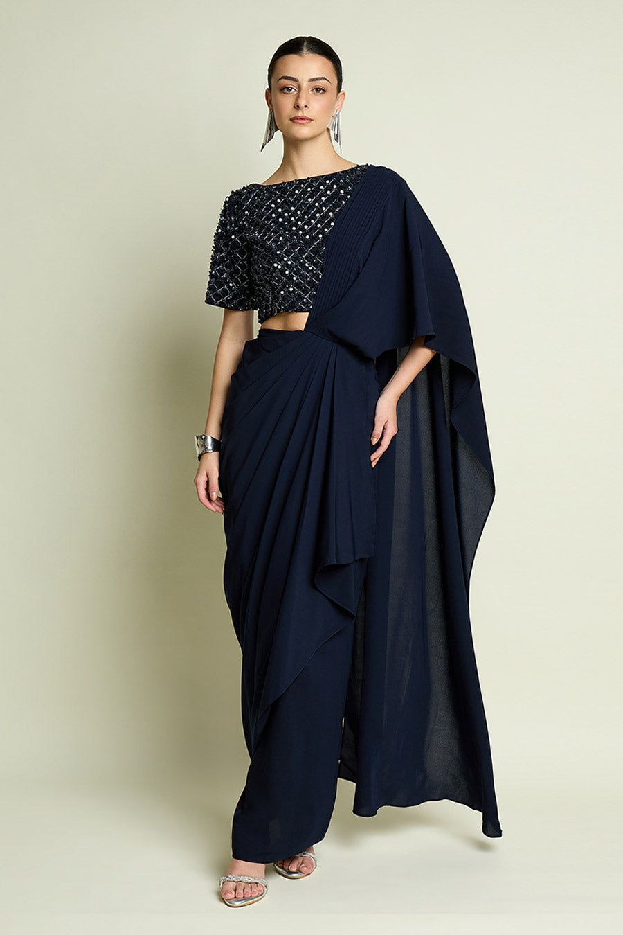 Navy Blue Pre-Draped Saree With Embellished Blouse