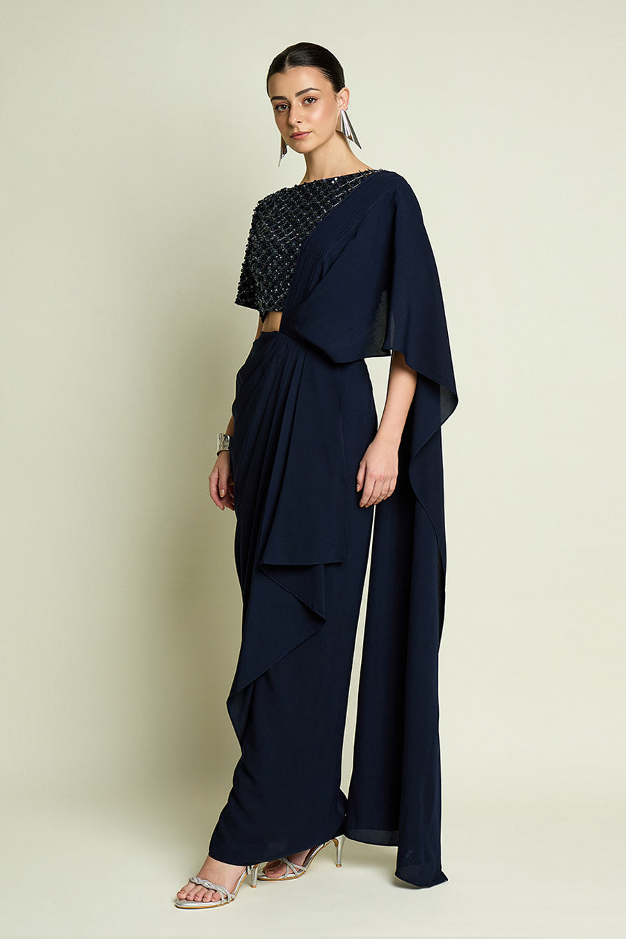 Navy Blue Pre-Draped Saree With Embellished Blouse
