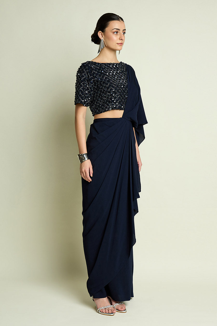 Navy Blue Pre-Draped Saree With Embellished Blouse