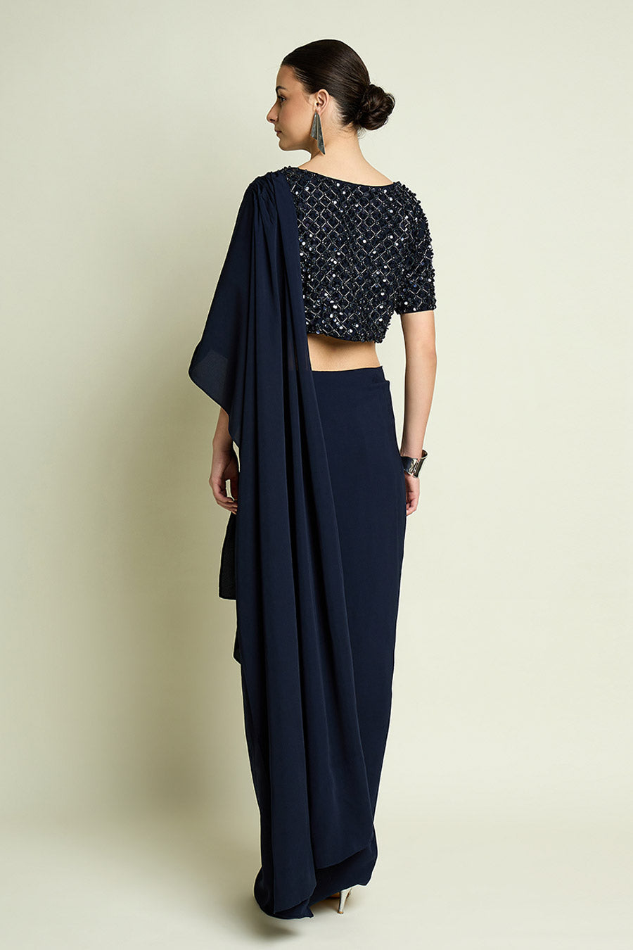 Navy Blue Pre-Draped Saree With Embellished Blouse
