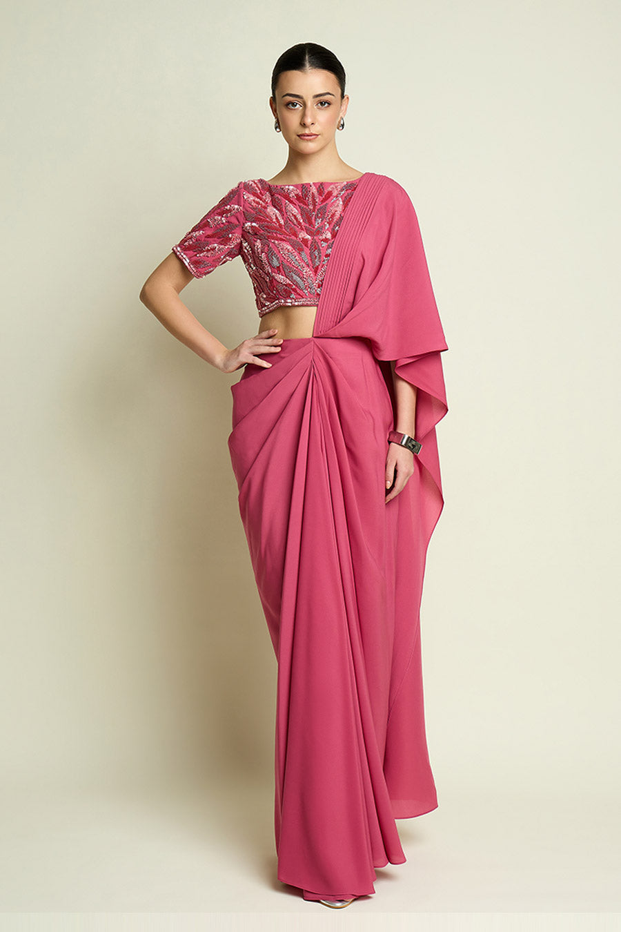 Pink Pre-Draped Saree With Embellished Blouse