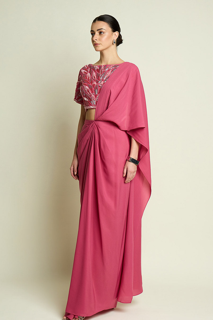 Pink Pre-Draped Saree With Embellished Blouse