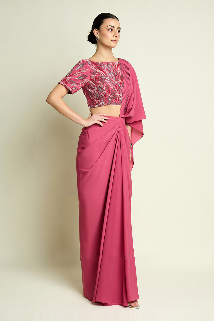 Pink Pre-Draped Saree With Embellished Blouse