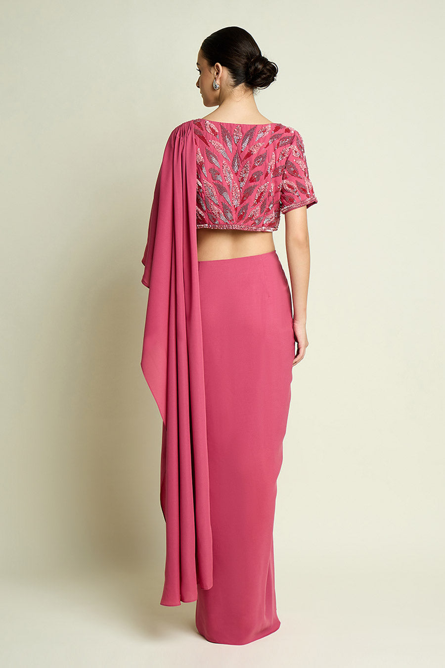 Pink Pre-Draped Saree With Embellished Blouse