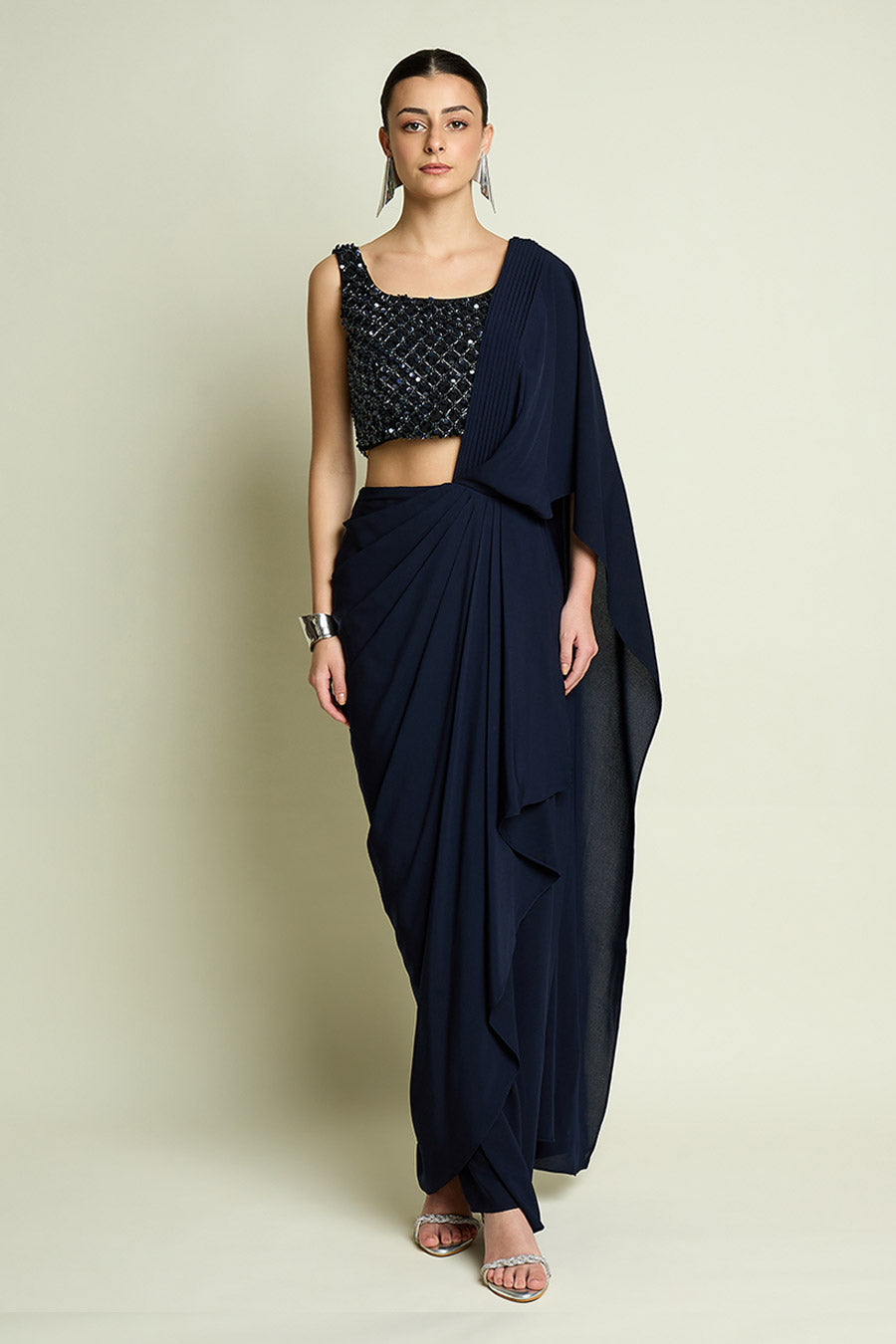 Navy Blue Pre-Draped Saree With Embellished Blouse