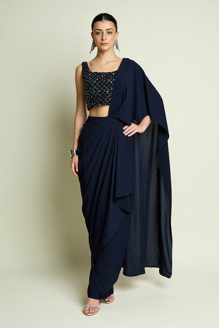 Navy Blue Pre-Draped Saree With Embellished Blouse