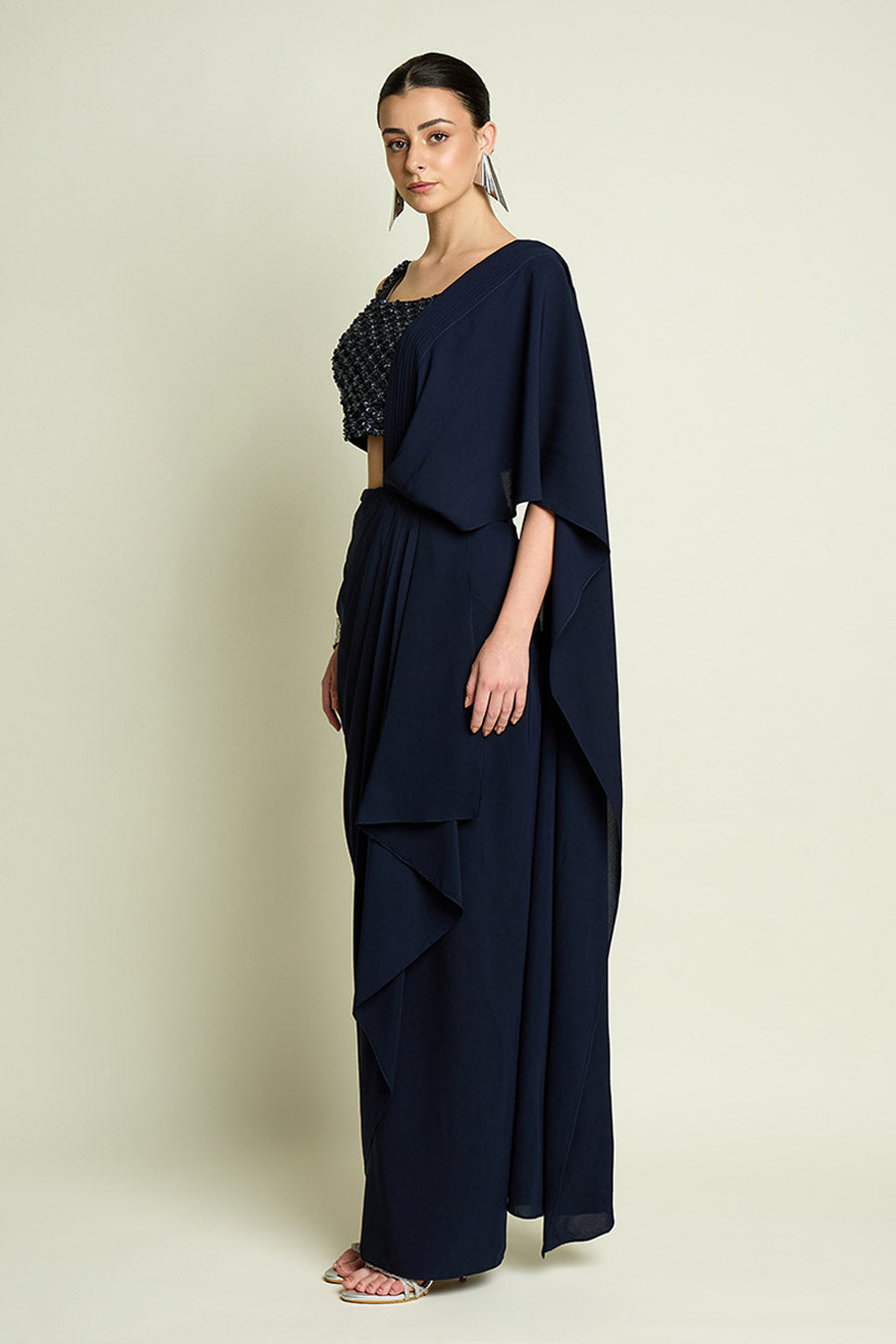 Navy Blue Pre-Draped Saree With Embellished Blouse