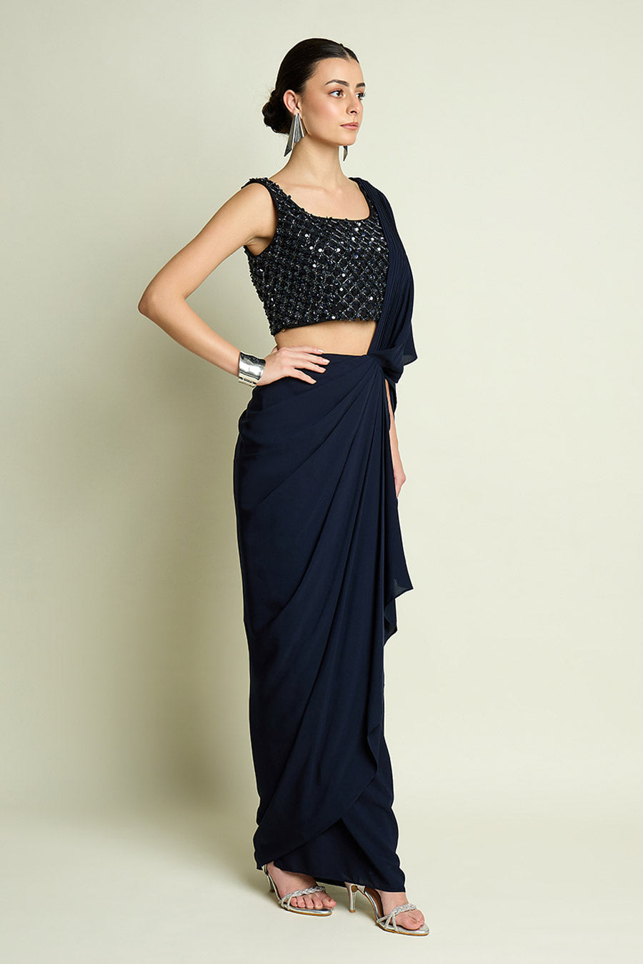 Navy Blue Pre-Draped Saree With Embellished Blouse