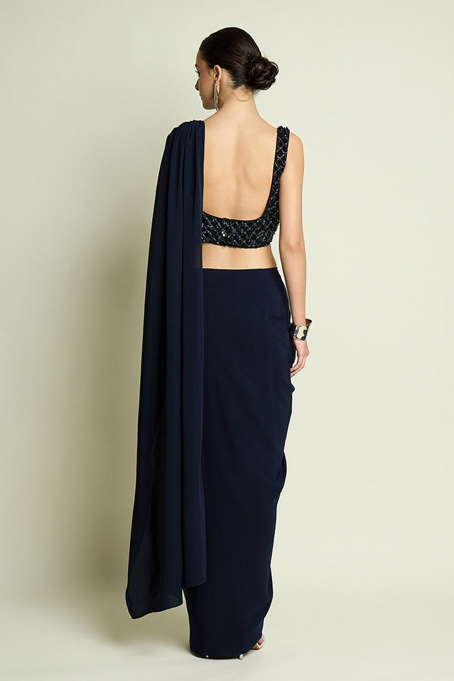 Navy Blue Pre-Draped Saree With Embellished Blouse