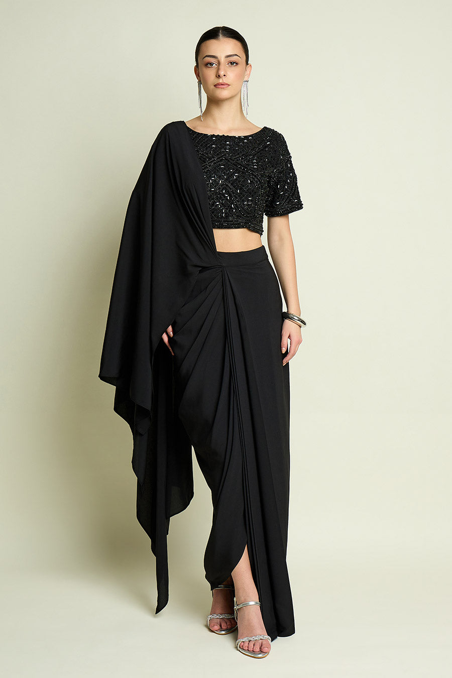 Black Noir Pre-Draped Saree With Embellished Blouse