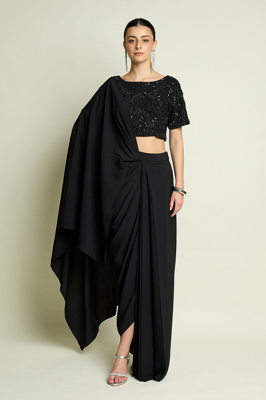 Black Noir Pre-Draped Saree With Embellished Blouse