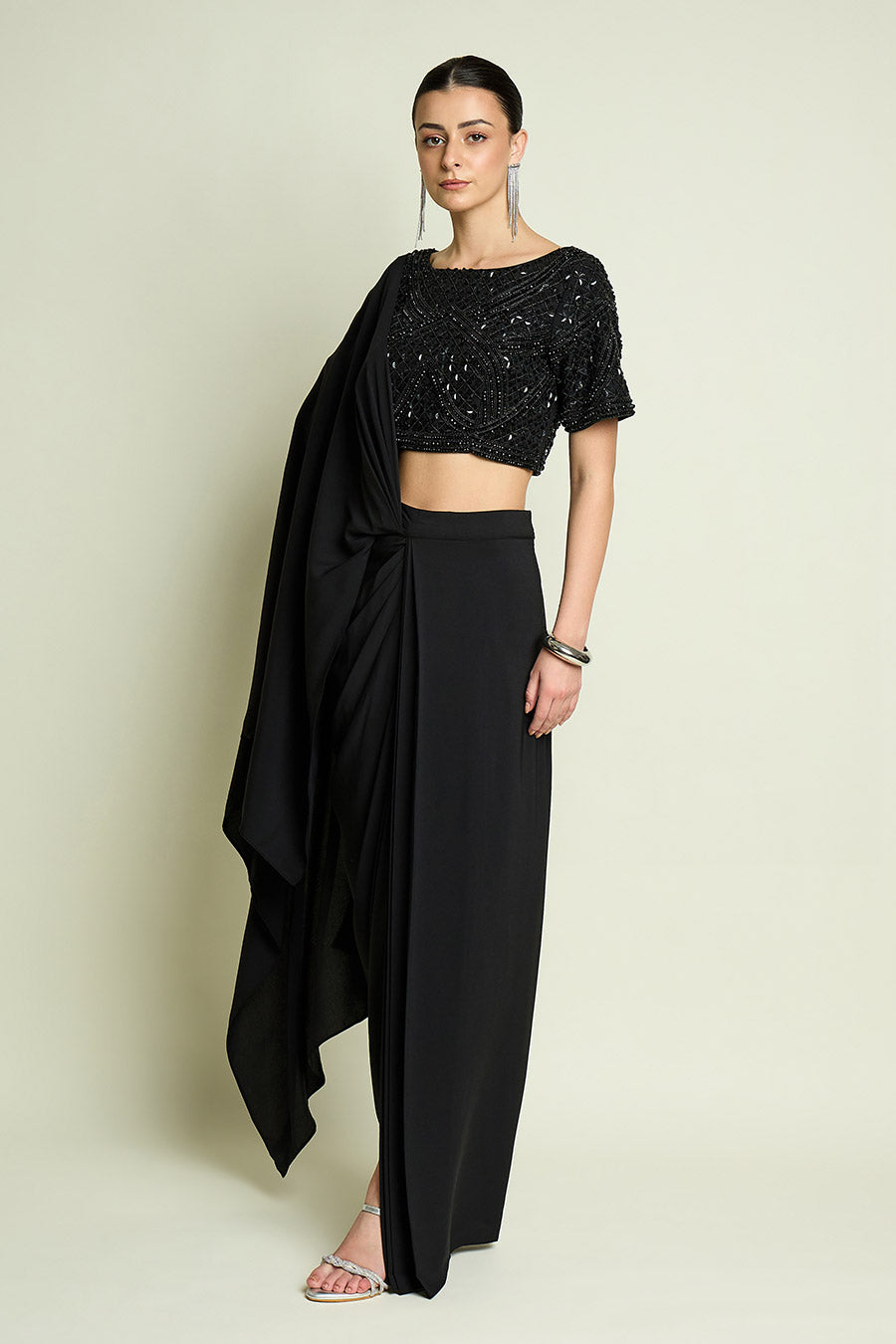 Black Noir Pre-Draped Saree With Embellished Blouse