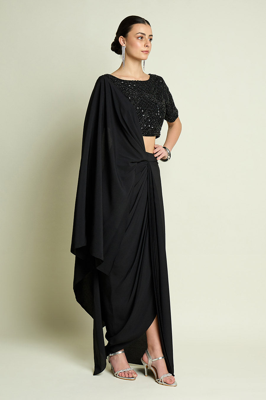 Black Noir Pre-Draped Saree With Embellished Blouse