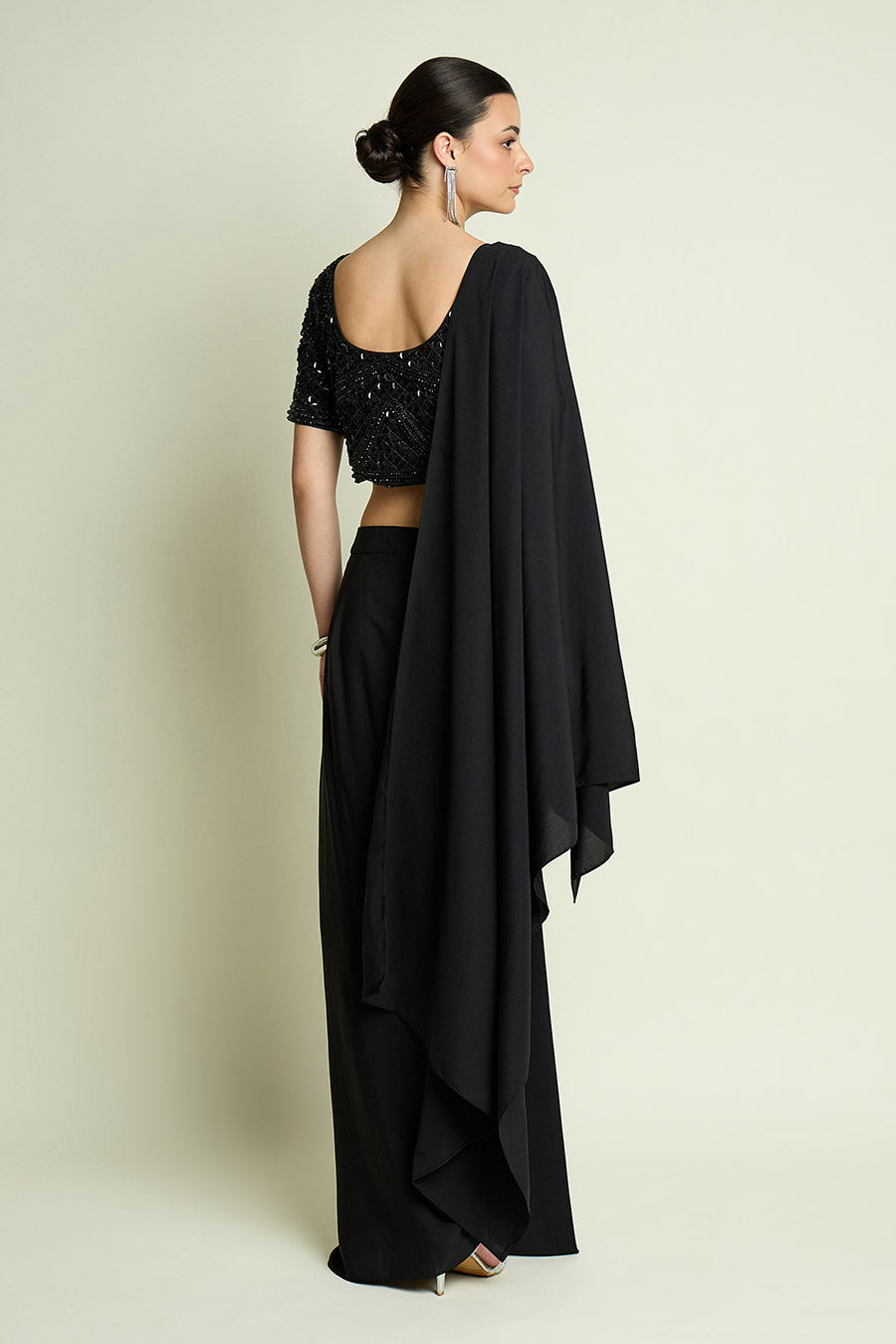 Black Noir Pre-Draped Saree With Embellished Blouse