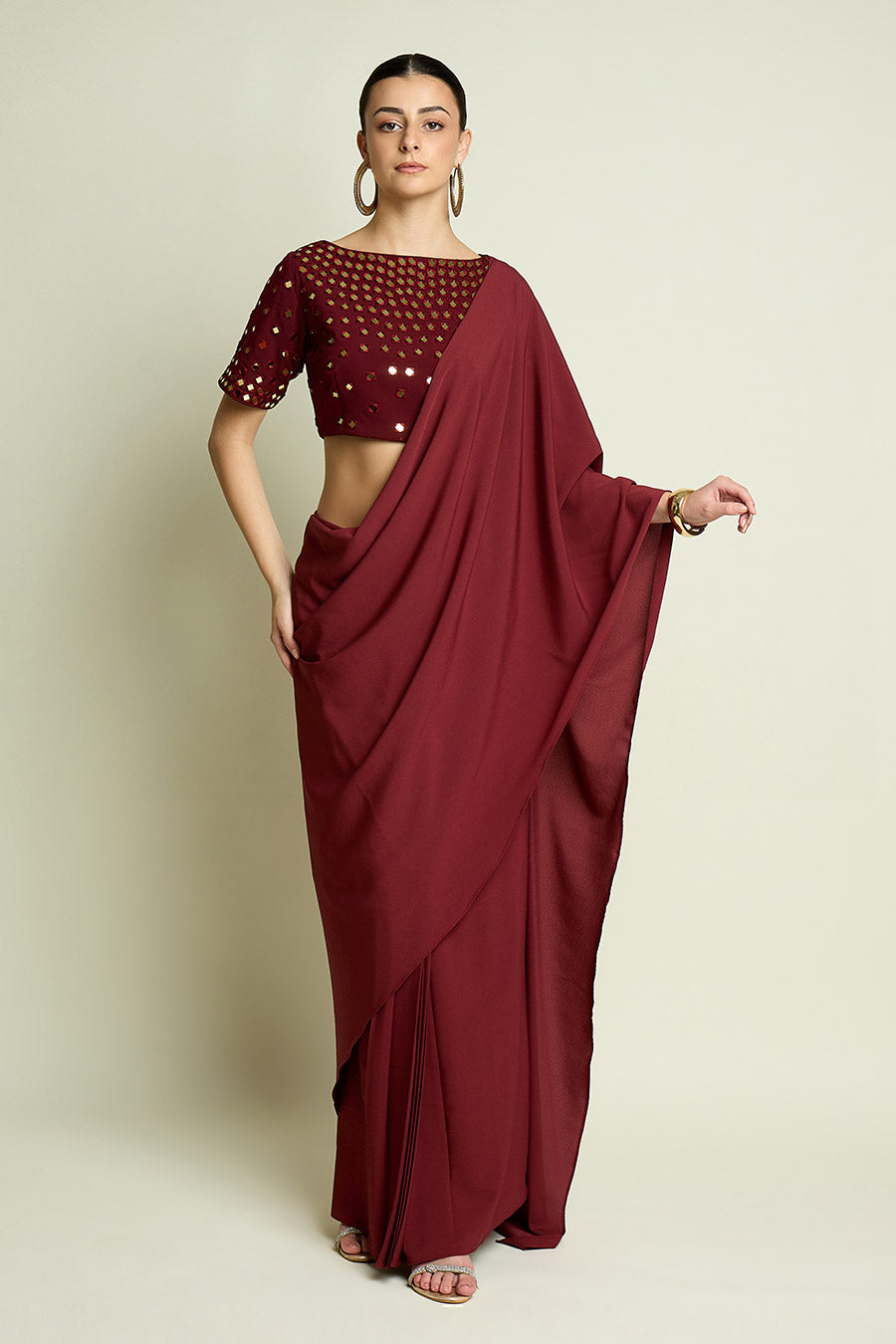 Wine Pre-Draped Saree With Embellished Blouse