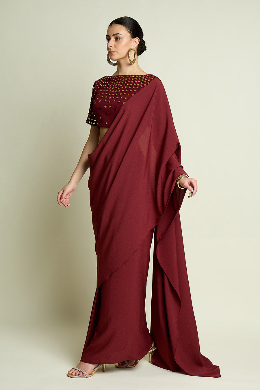 Wine Pre-Draped Saree With Embellished Blouse