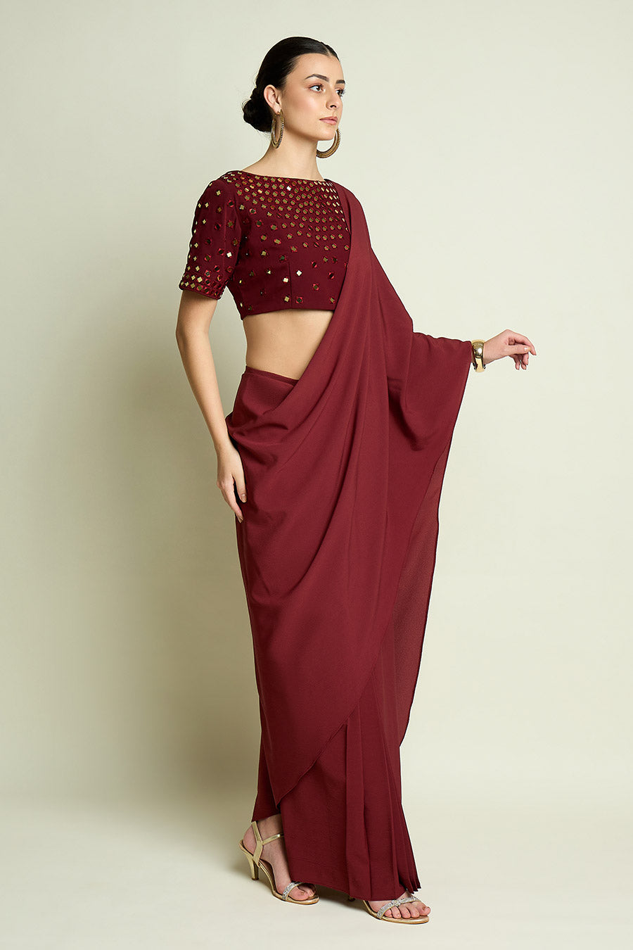 Wine Pre-Draped Saree With Embellished Blouse