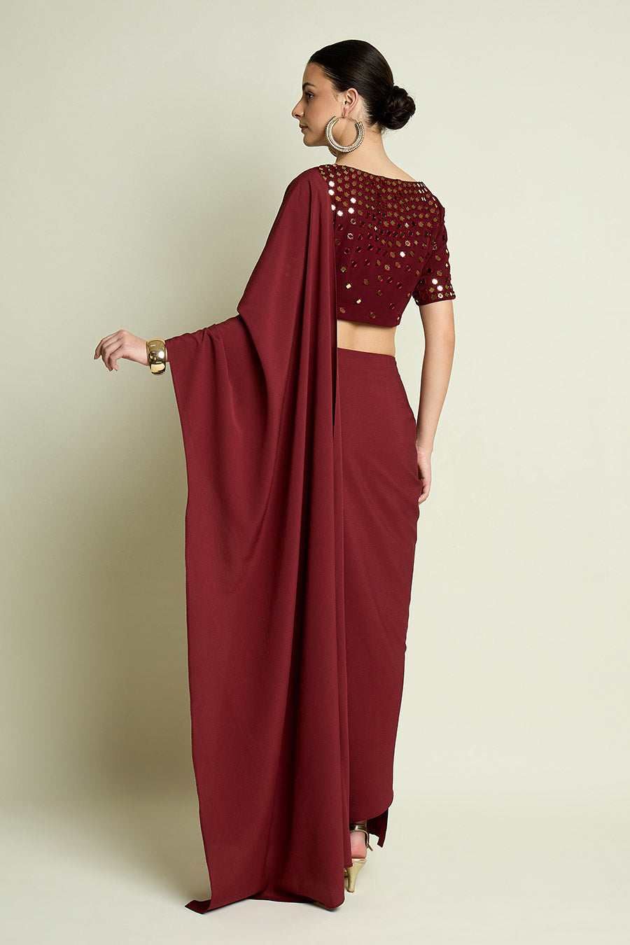 Wine Pre-Draped Saree With Embellished Blouse