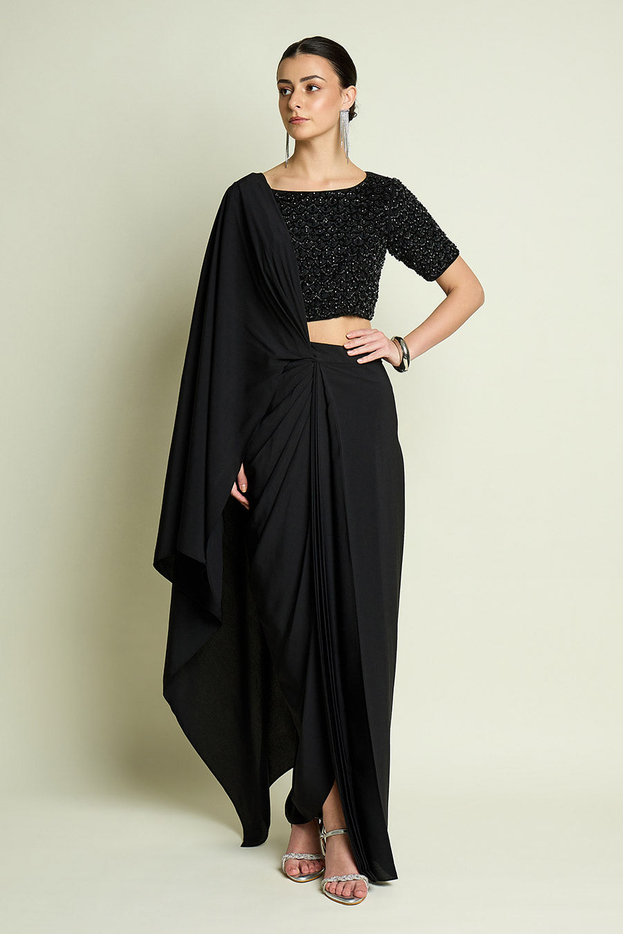 Stellar Noir Pre-Draped Saree With Embellished Blouse