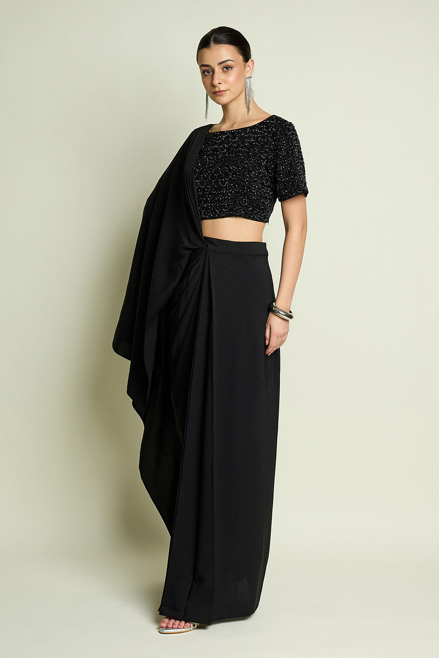 Stellar Noir Pre-Draped Saree With Embellished Blouse