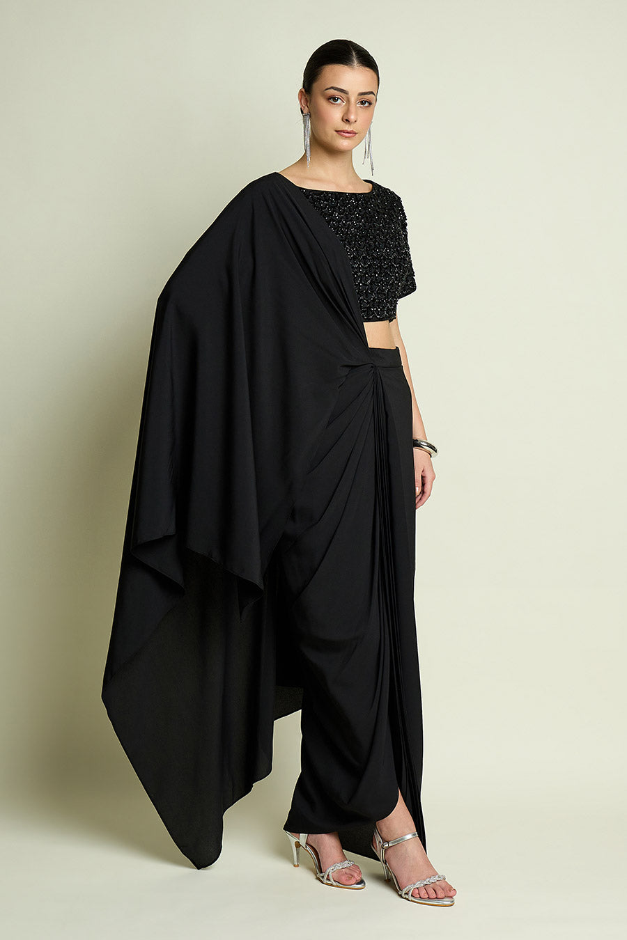 Stellar Noir Pre-Draped Saree With Embellished Blouse