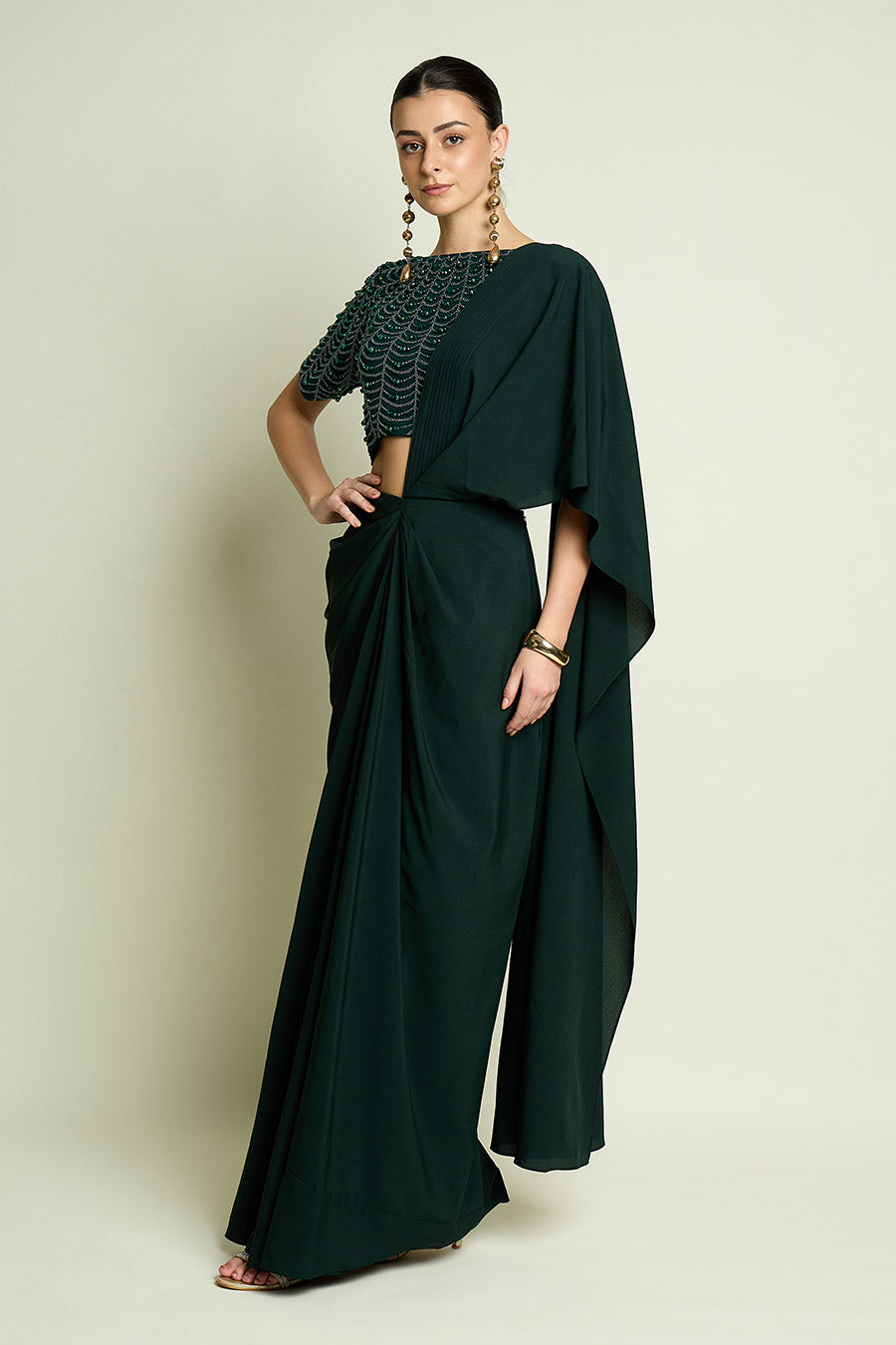 Emerald Pre-Draped Saree With Embellished Blouse