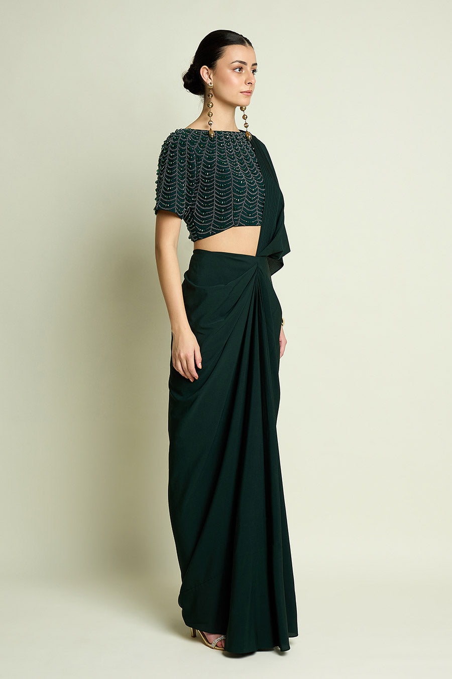 Emerald Pre-Draped Saree With Embellished Blouse
