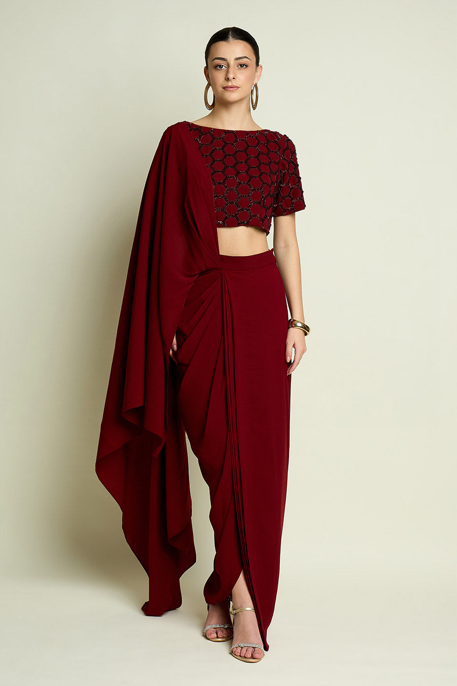 Wine Pre-Draped Saree With Embellished Blouse