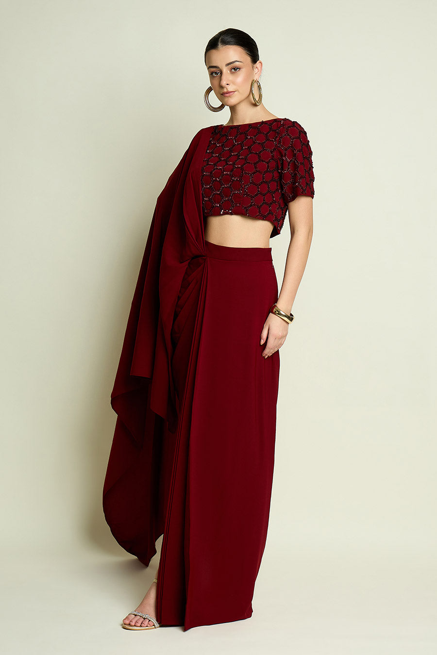 Wine Pre-Draped Saree With Embellished Blouse